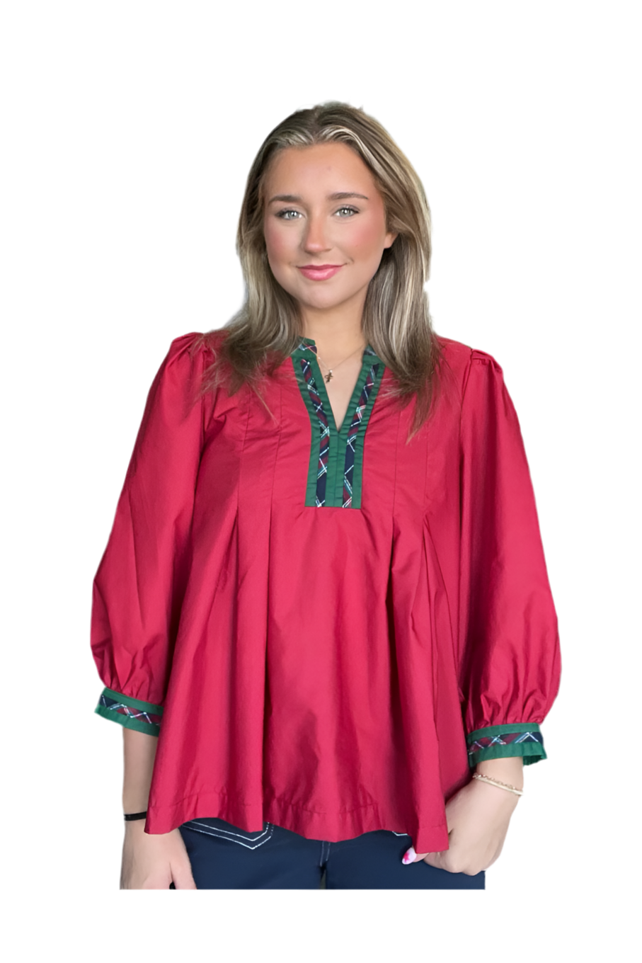 Ruby Red Top with Plaid Trim – Boutique Holiday Style - Vintage Dragonfly Boutique
