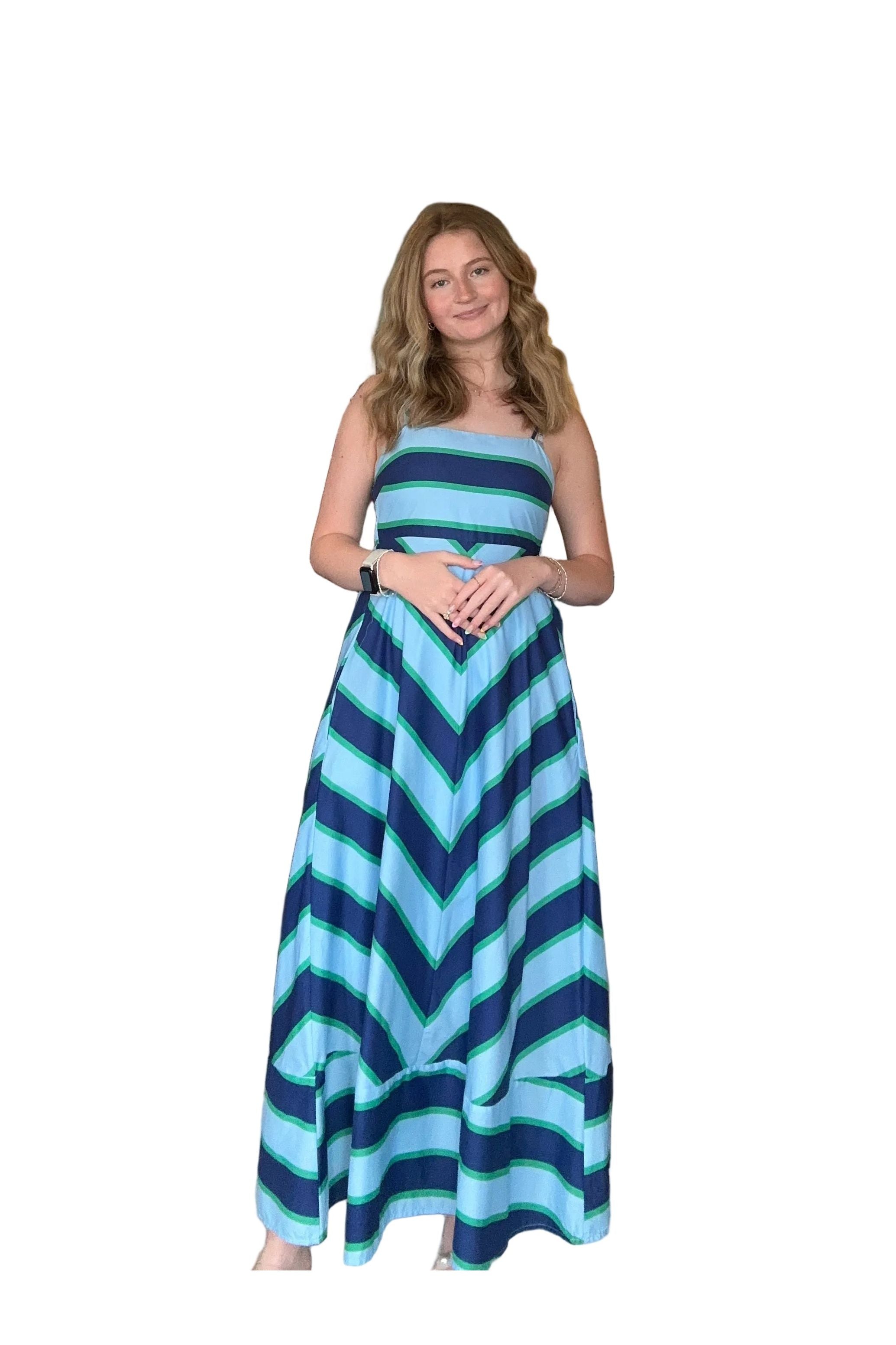 Entro Blue & Green Chevron Stripe Midi Dress with Pockets – Lightweight Summer Maxi Dress Medium