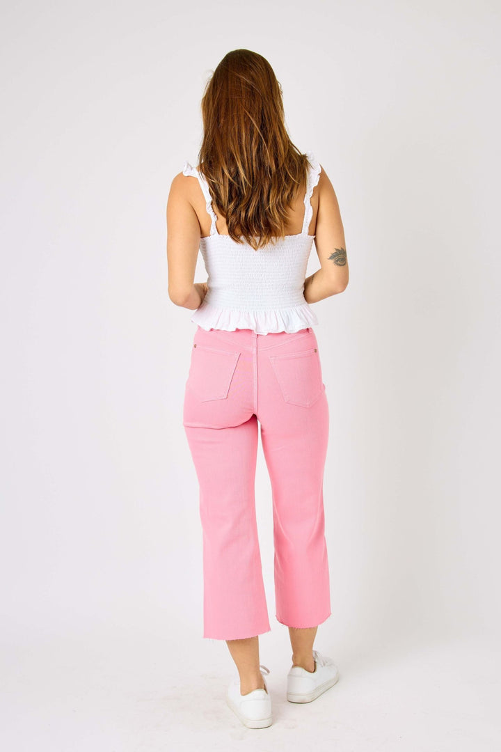 Judy Blue - Tummy Control High-rise Cropped Wide Leg Jeans in Pink - Vintage Dragonfly Boutique
