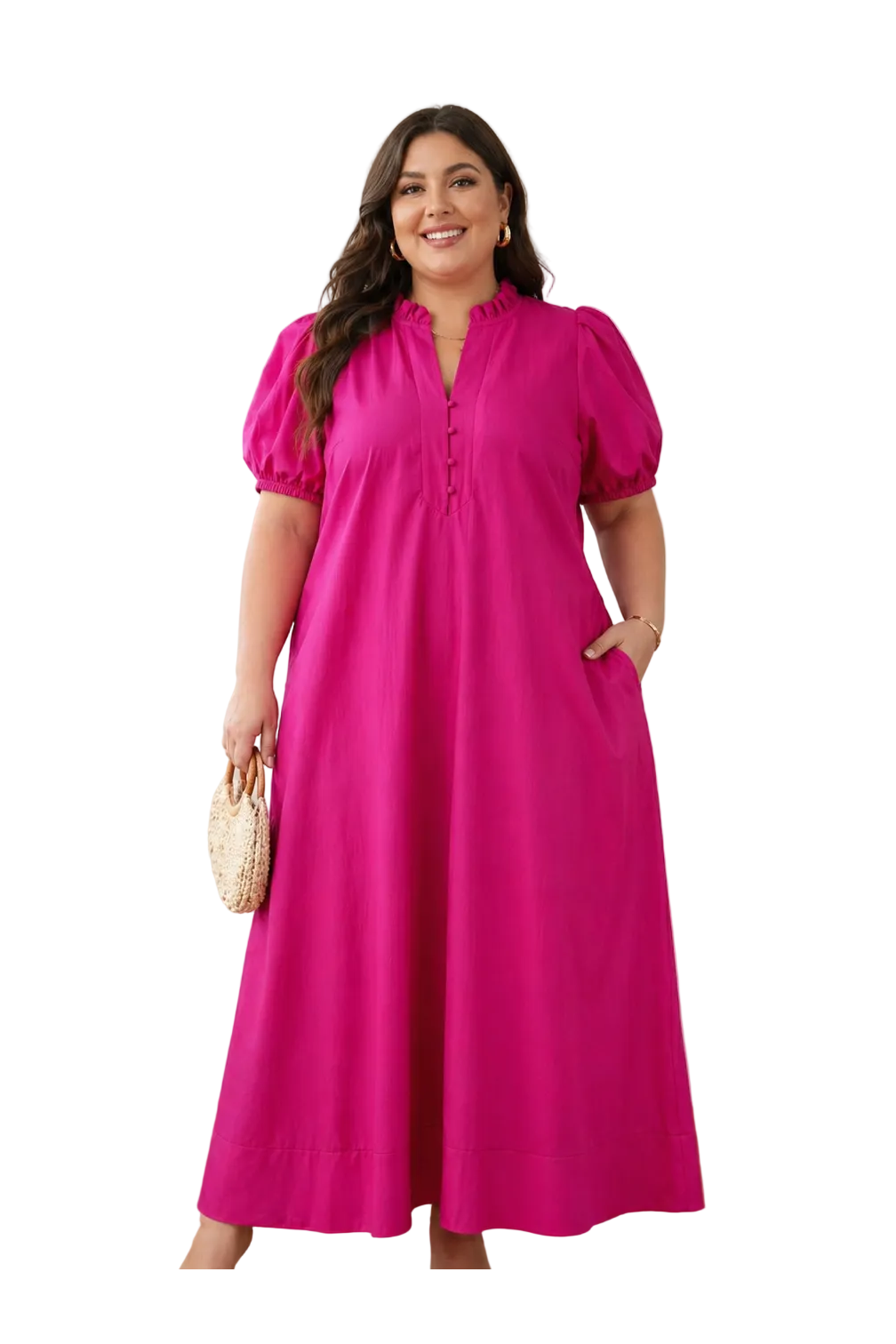 Entro Hot Pink Midi Dress with Puff Sleeves Medium