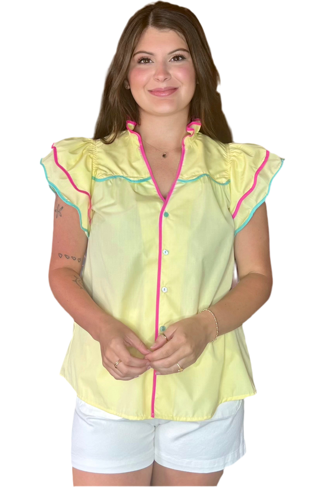 Lemon Ruffle Neck Short Flutter Sleeve Top