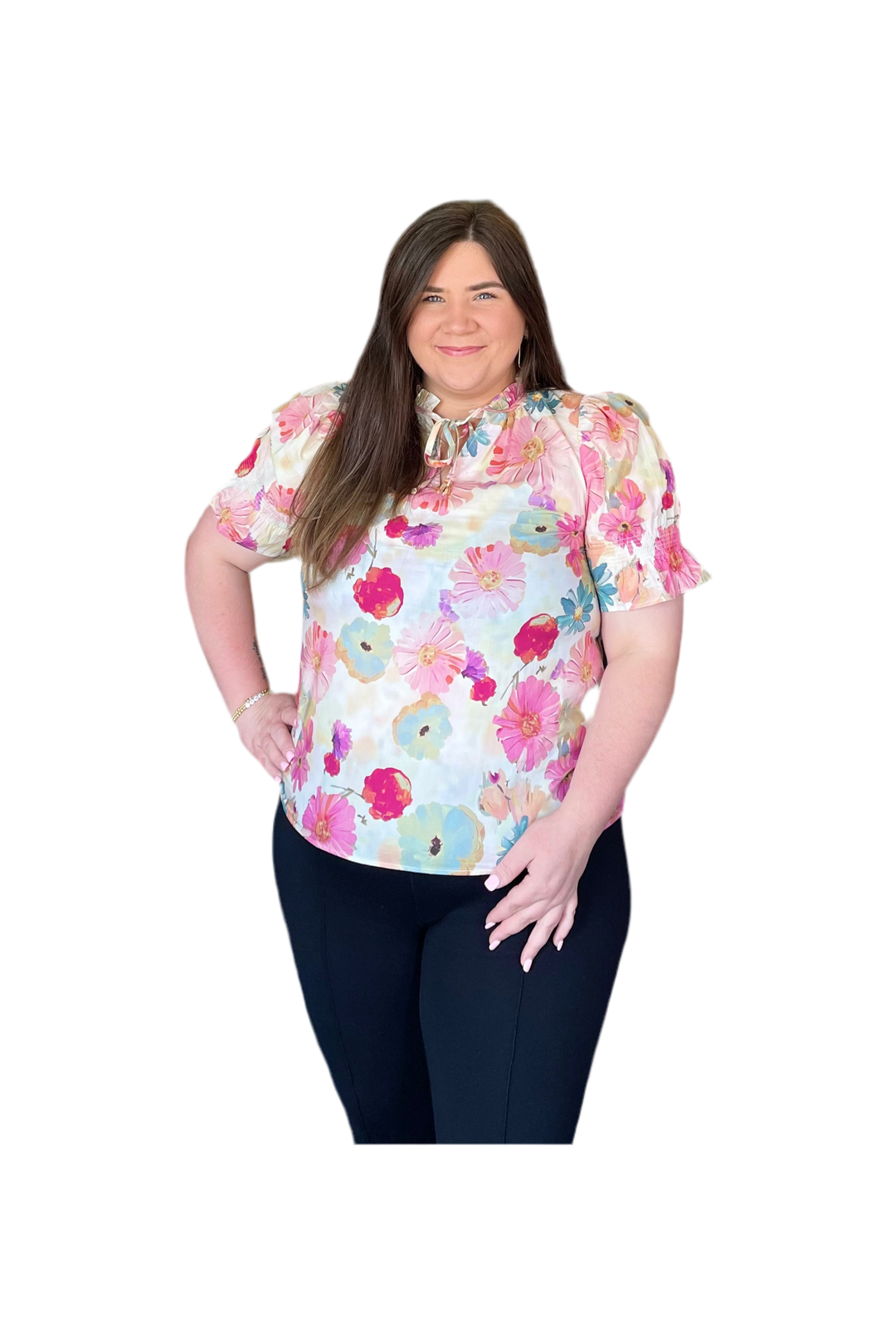 Floral Print Short Smocked Sleeve Top - Vintage Dragonfly Boutique