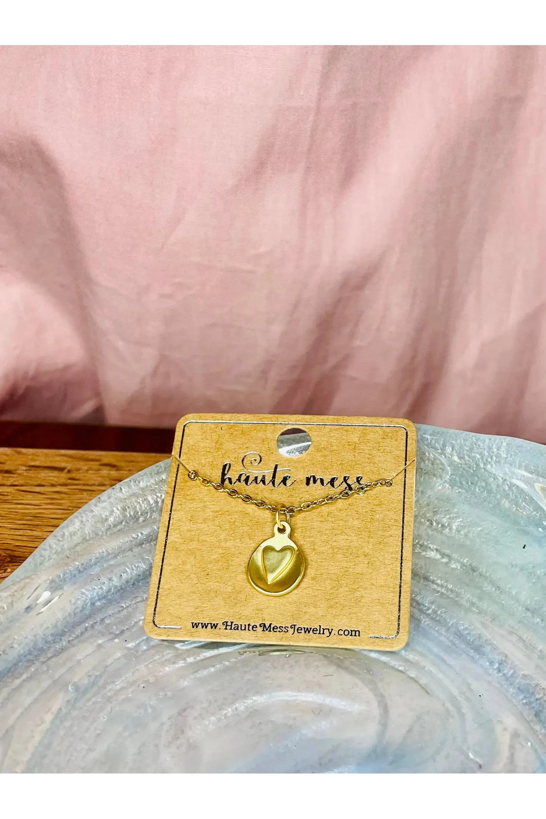 Matte Gold Heart Pendant Imbedded in an Organic Oval Shape on a Gold Necklace - Vintage Dragonfly Boutique