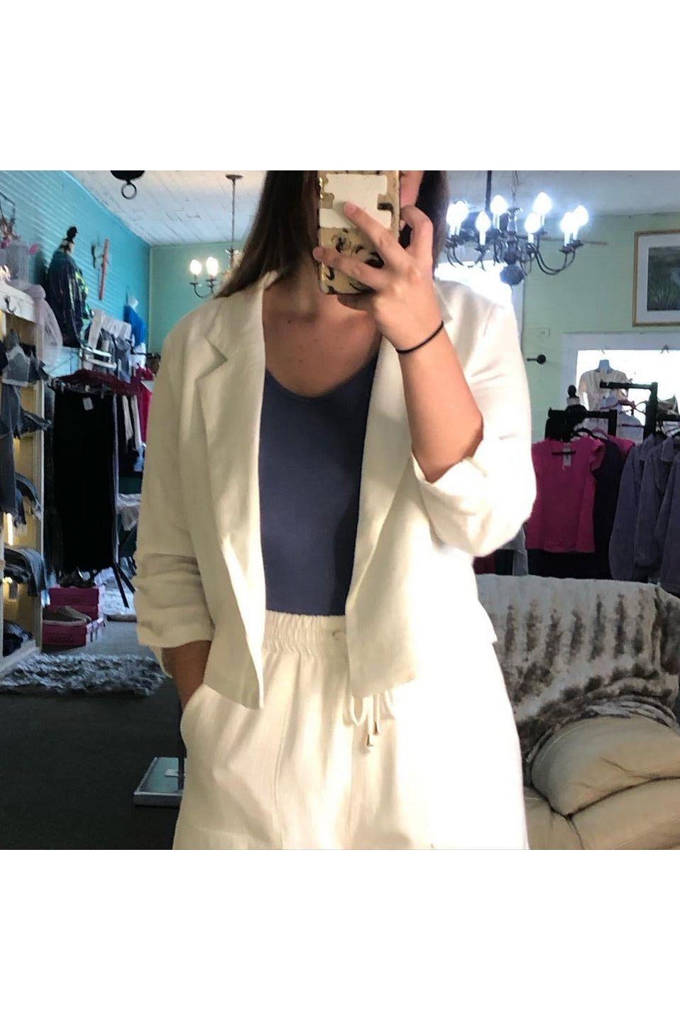Off White Linen Cropped Blazer Jacket - Vintage Dragonfly