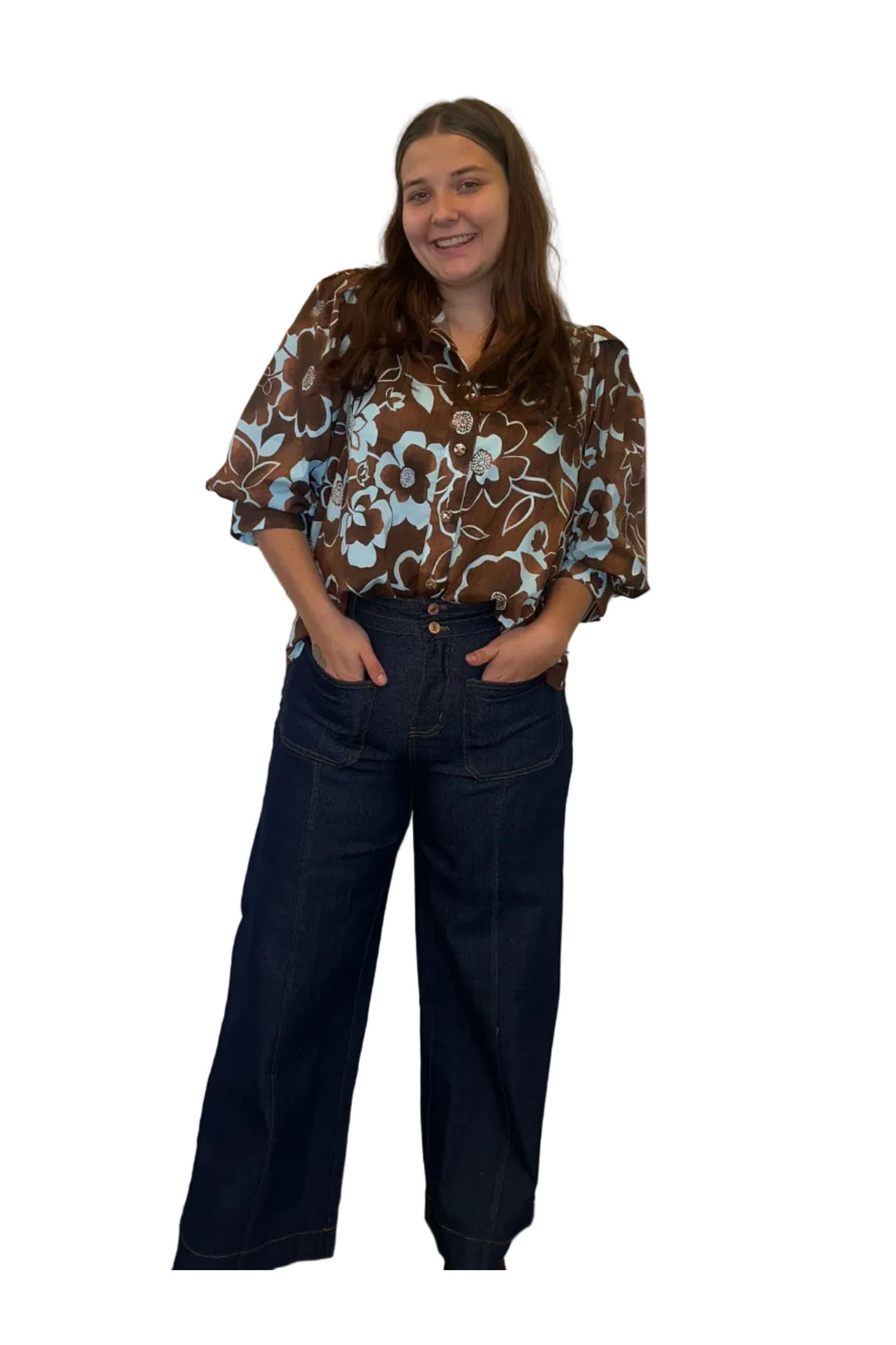 Entro Dark Denim Contrast-Stitch Wide-Leg Pants