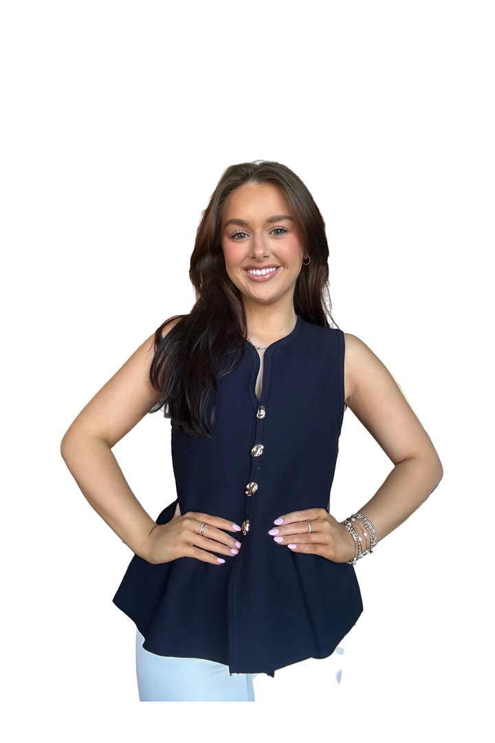 Navy Button Front Peplum Top | Sleeveless Ruffle Hem Blouse with Gold Buttons by Entro - Vintage Dragonfly Boutique