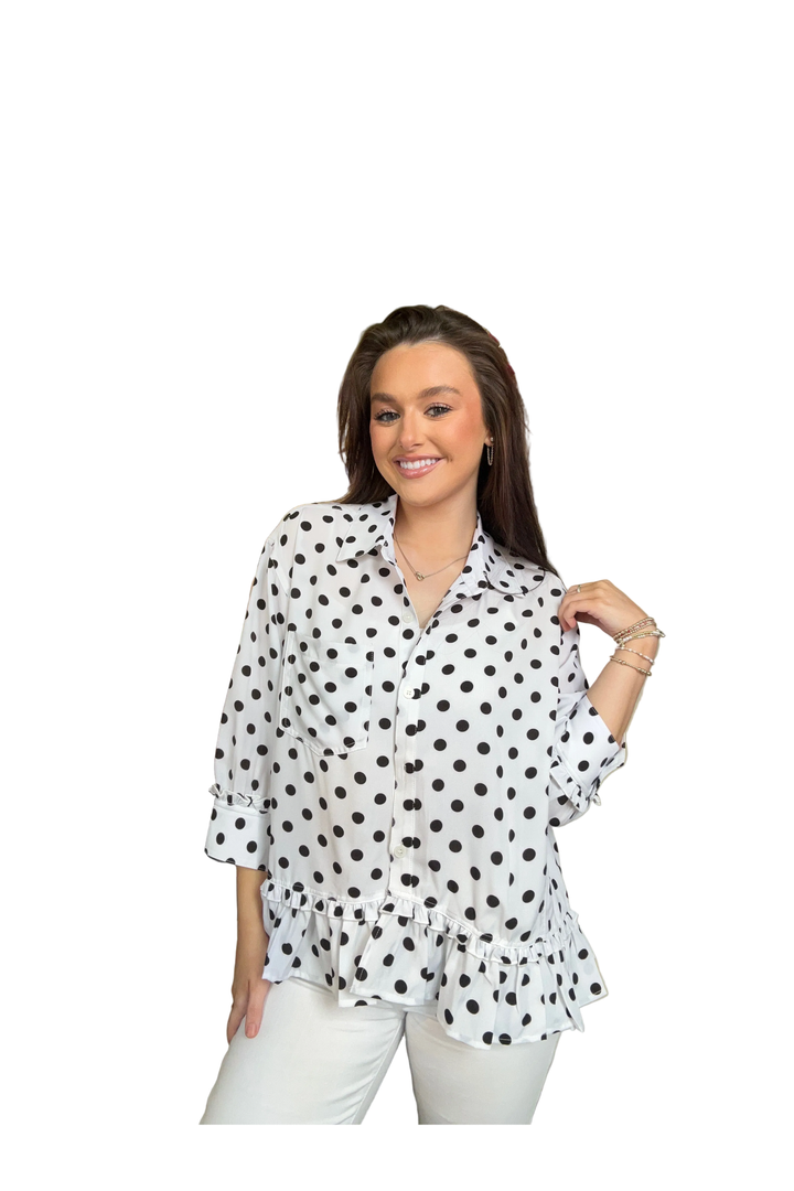 Sewn + Seen Black Polka Dot Peplum Button Front Top - Vintage Dragonfly Boutique