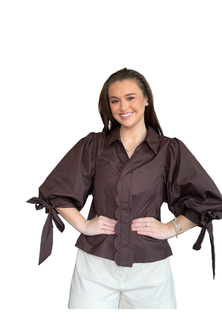 Entro Tie Sleeve Button Front Blouse in Chocolate Brown &amp; Army Green - Vintage Dragonfly Boutique
