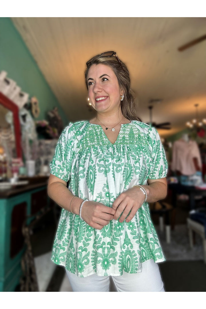 White with Green Smocked Short Puff Sleeve Top