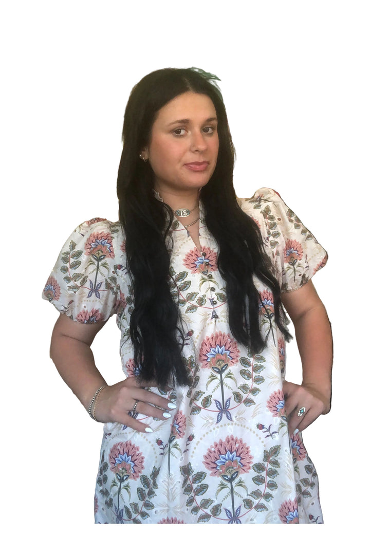 Entro Ecru Floral Print Midi Dress | Women’s Fall Dress - Vintage Dragonfly Boutique
