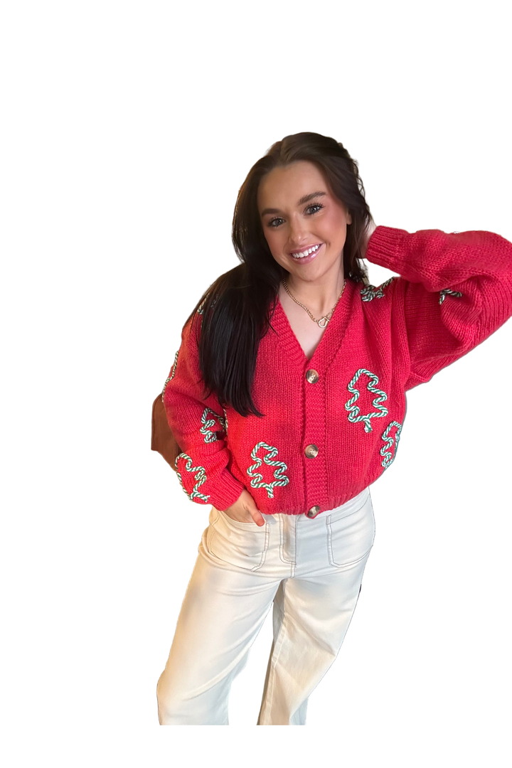 V-Neck Tree Embossed Cardigan – Bulky Knit Button-Front Sweater by Annie Wear