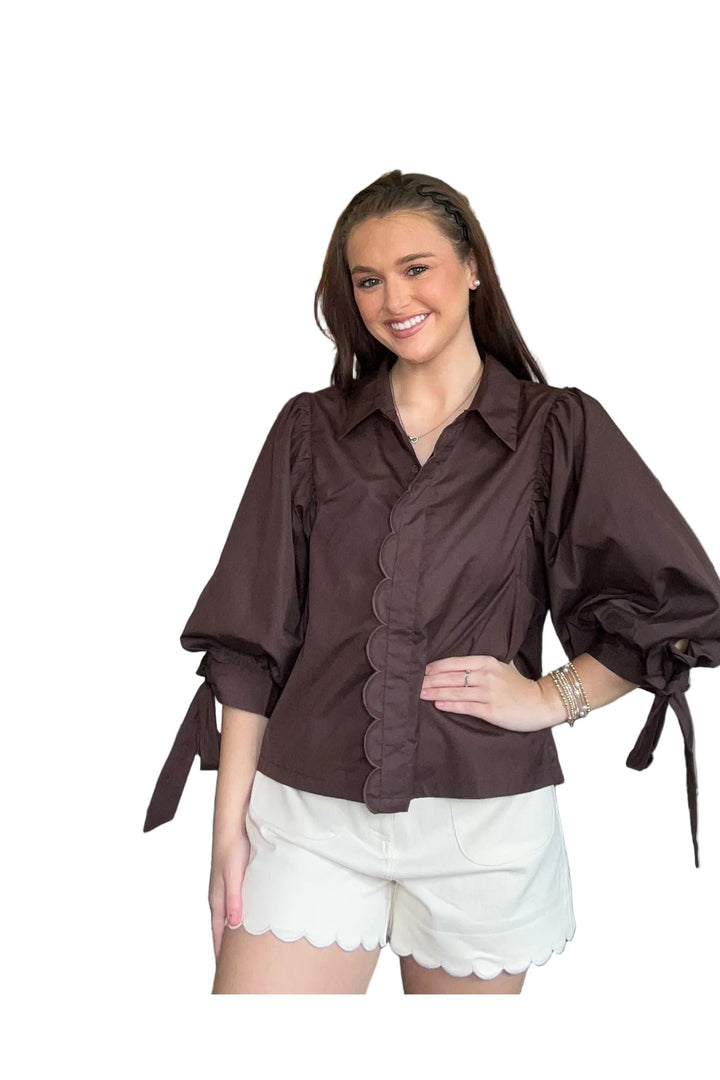Entro Tie Sleeve Button Front Blouse in Chocolate Brown &amp; Army Green - Vintage Dragonfly Boutique