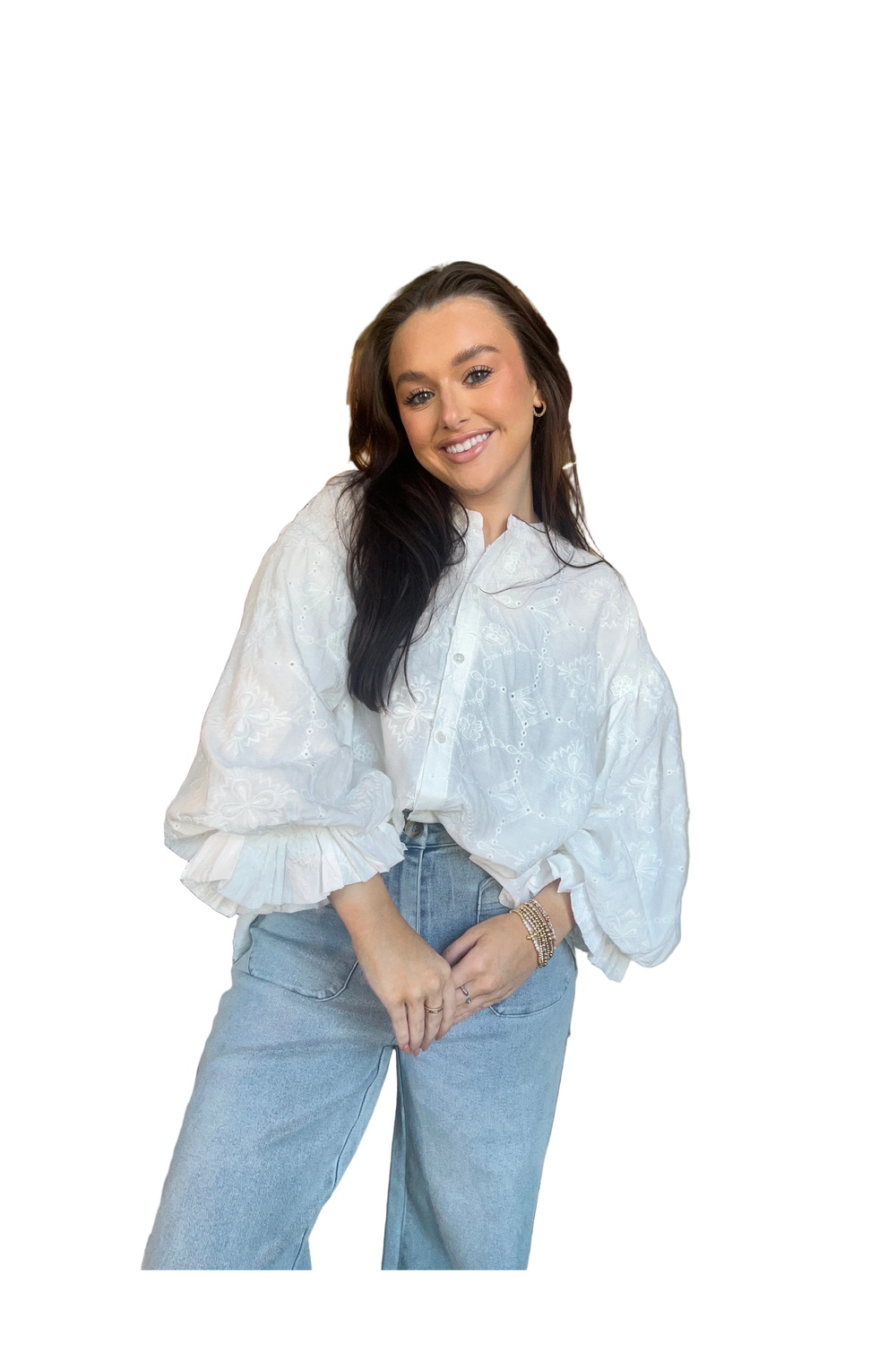 Fate White Eyelet Puff Sleeve Button-Front Blouse - Vintage Dragonfly Boutique