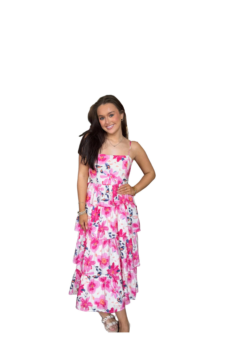 tcec pink dress Ruffle Slv Smocked Bodice Square Neck Dress