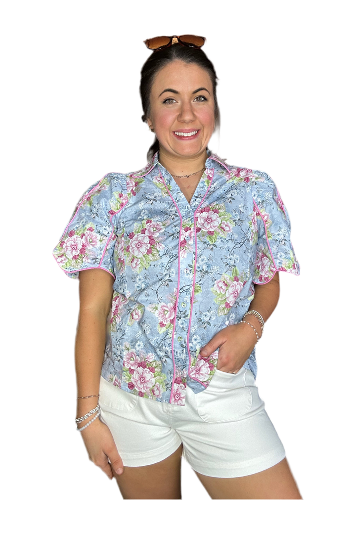 Blue Floral Short Puff Sleeve Top - Vintage Dragonfly Boutique