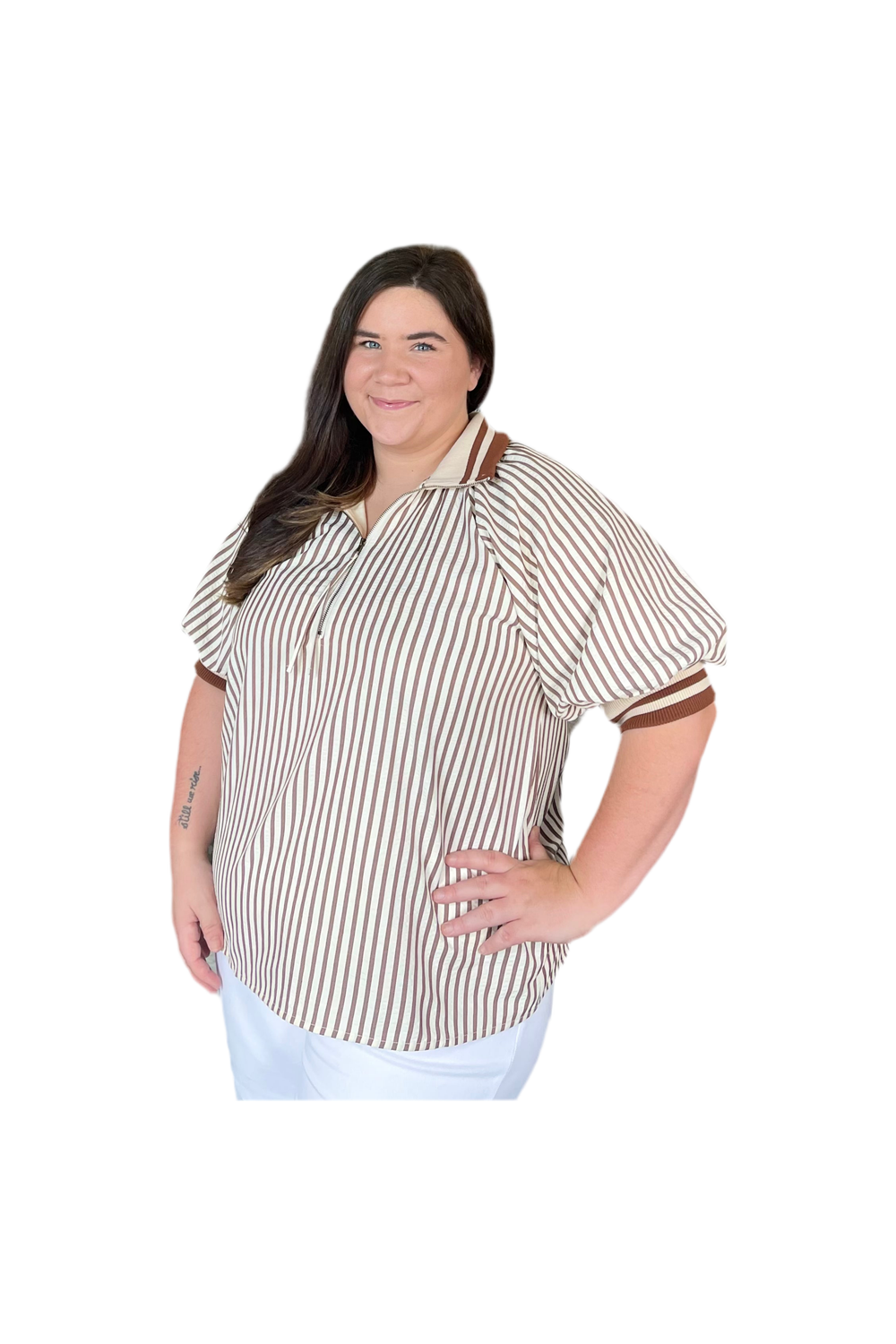 Woman wearing a striped shirt on a white background