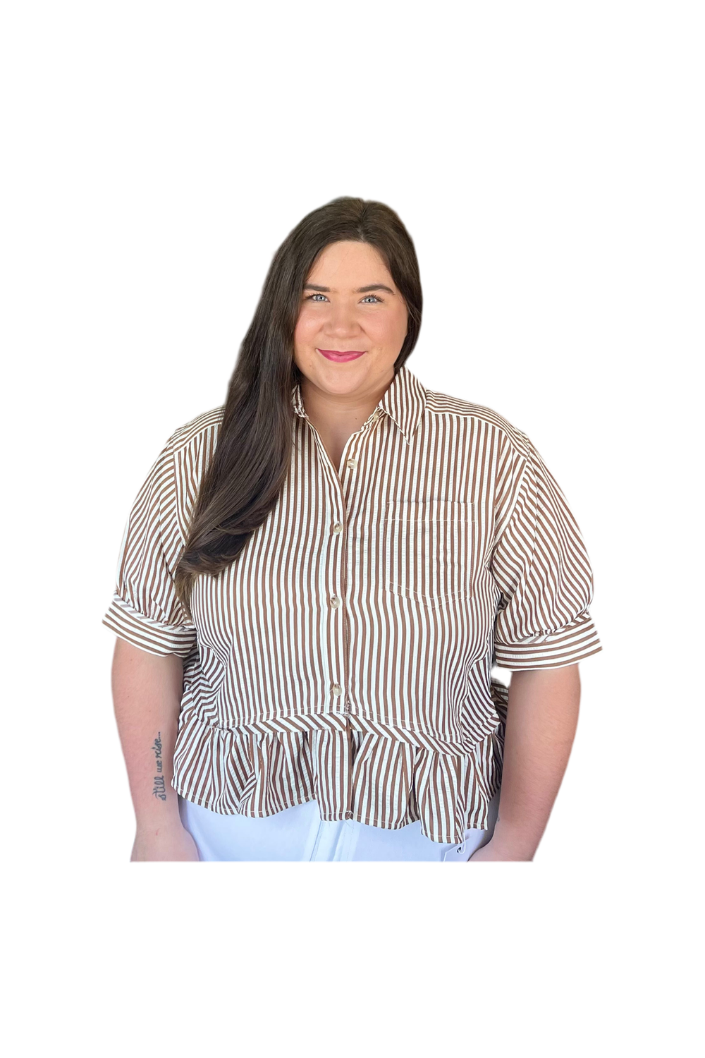 Brown Striped 3/4 L Sleeve Ruffle Hem Top - Vintage Dragonfly Boutique