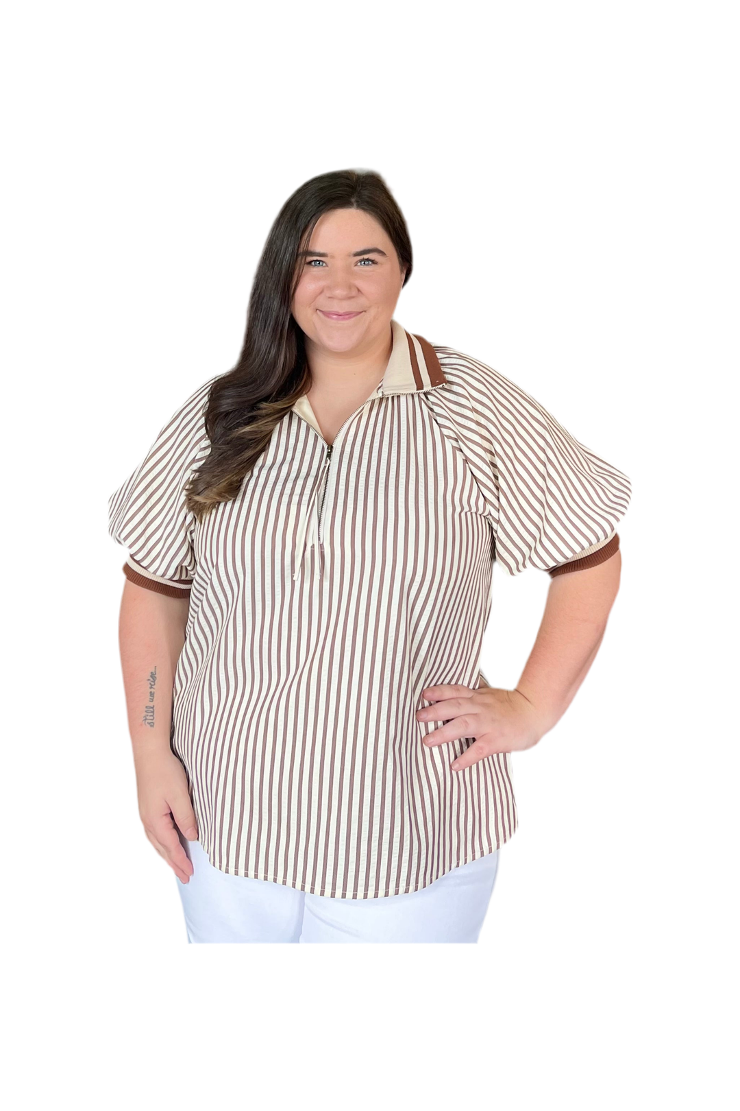 Entro Carmel Striped Short Puff Sleeve Top