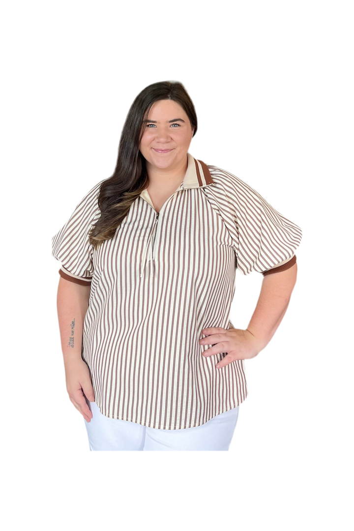 Entro Carmel Striped Short Puff Sleeve Top