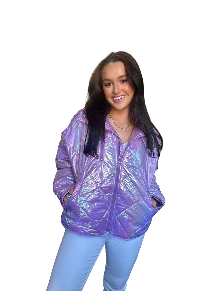 Pearlescent Quilted Jacket in Pearl & Lilac with Zip Front | Peach Love