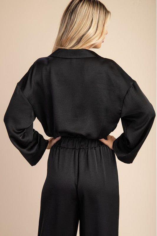 Glam Elastic Hem Long Sleeve Vneck Short Top - Vintage Dragonfly Boutique