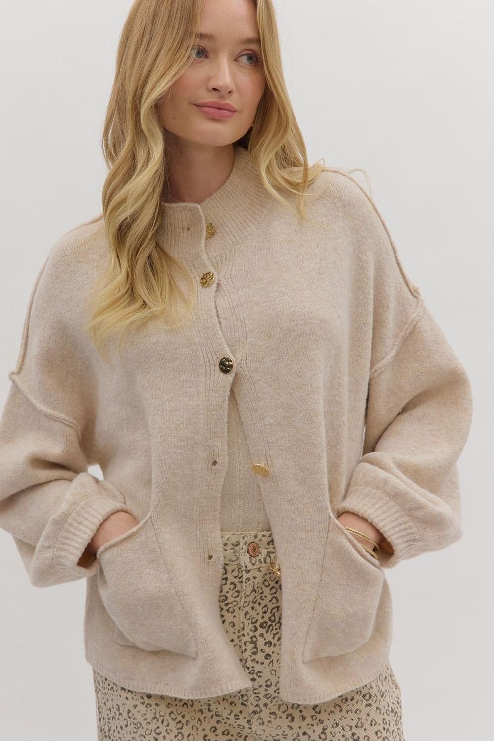 By Entro Knit Cardigan – Hammered Gold Buttons + Front Pockets - Vintage Dragonfly Boutique