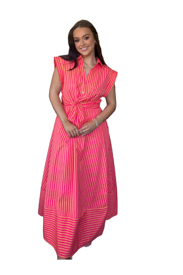 Entro Coral & Hot Pink Striped Tie-Waist Midi Dress - Vintage Dragonfly Boutique