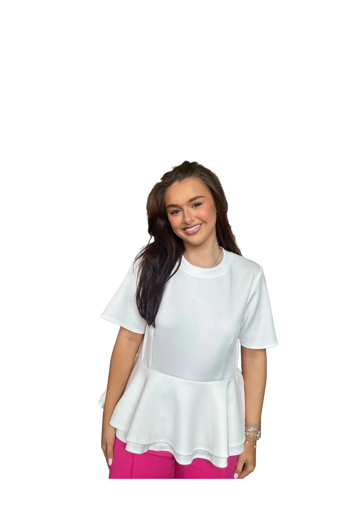 Entro Cream Peplum Top – Soft Knit Short Sleeve Blouse - Vintage Dragonfly Boutique