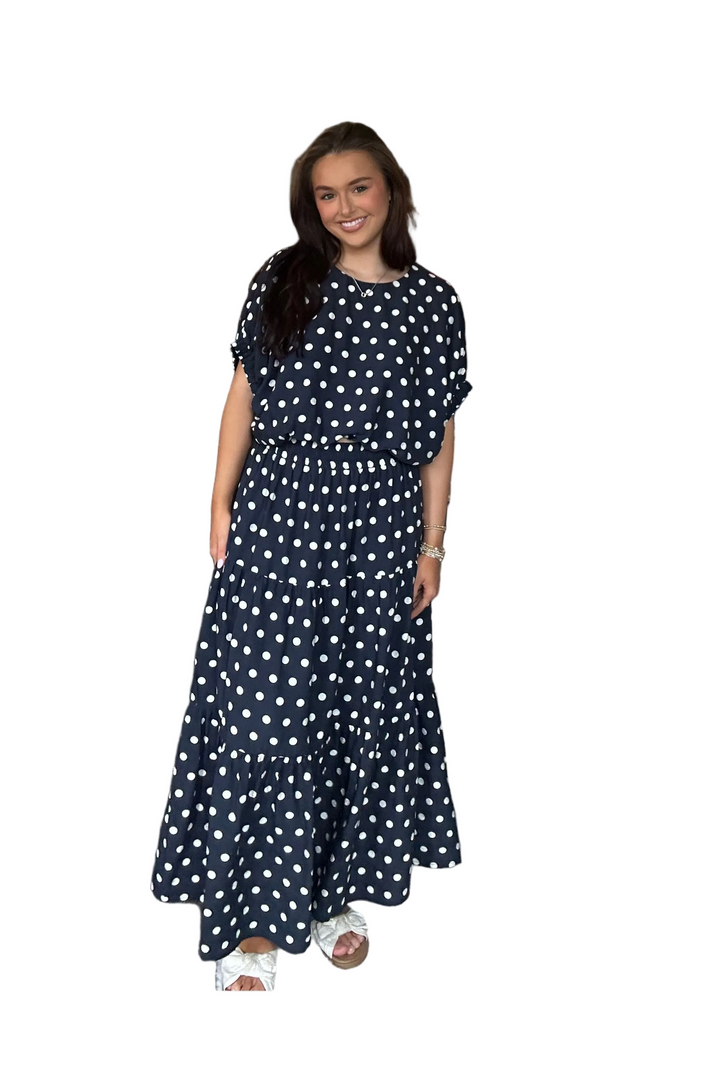 Entro Navy Polka Dot Tiered Midi Skirt with Elastic Waist - Vintage Dragonfly Boutique