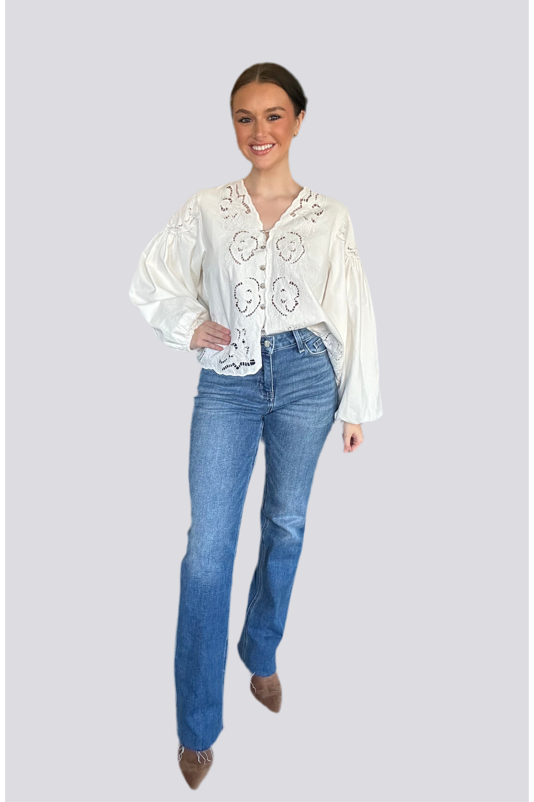 Flying Monkey High-Rise Flare Leg Jeans – Classic Blue Denim with Vintage Wash