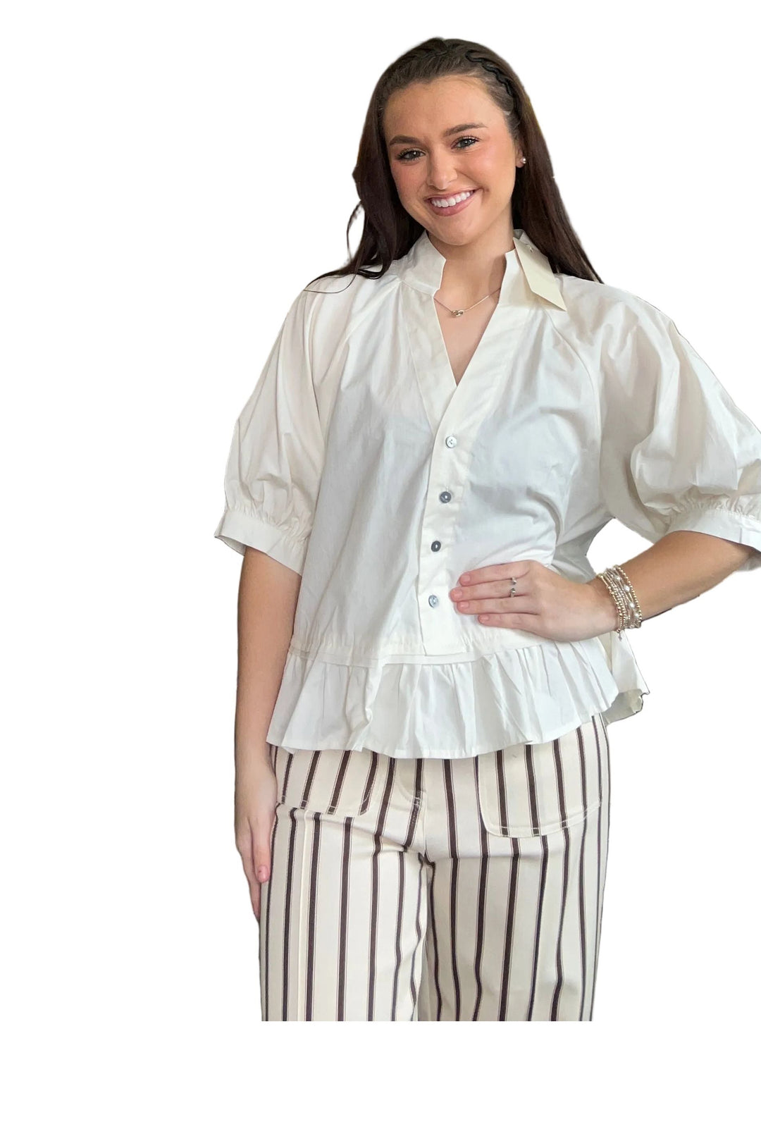 Entro Ruffle Hem Button Front Blouse – Cream &amp; Forest Green - Vintage Dragonfly Boutique