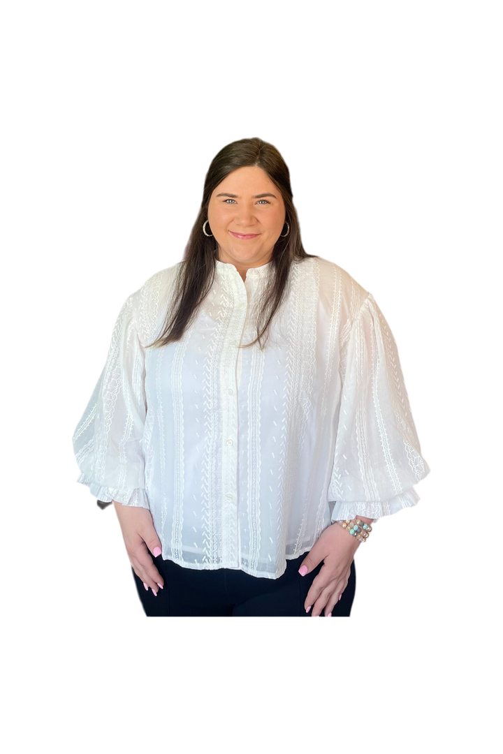 White Broderie Cotton Bubble Sleeve Top - Vintage Dragonfly Boutique