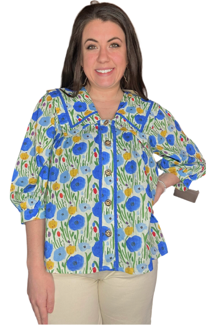 Entro Blue Floral Pattern Button Up Top - Vintage Dragonfly Boutique