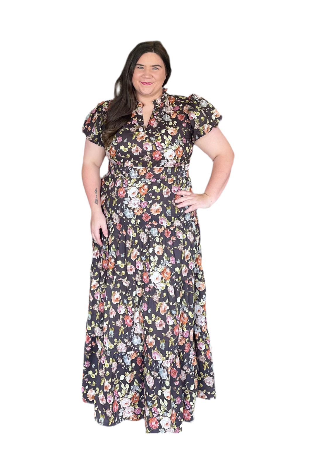 Entro Chocolate Mix  Bubble Sleeve Tiered Midi Dress - Vintage Dragonfly Boutique
