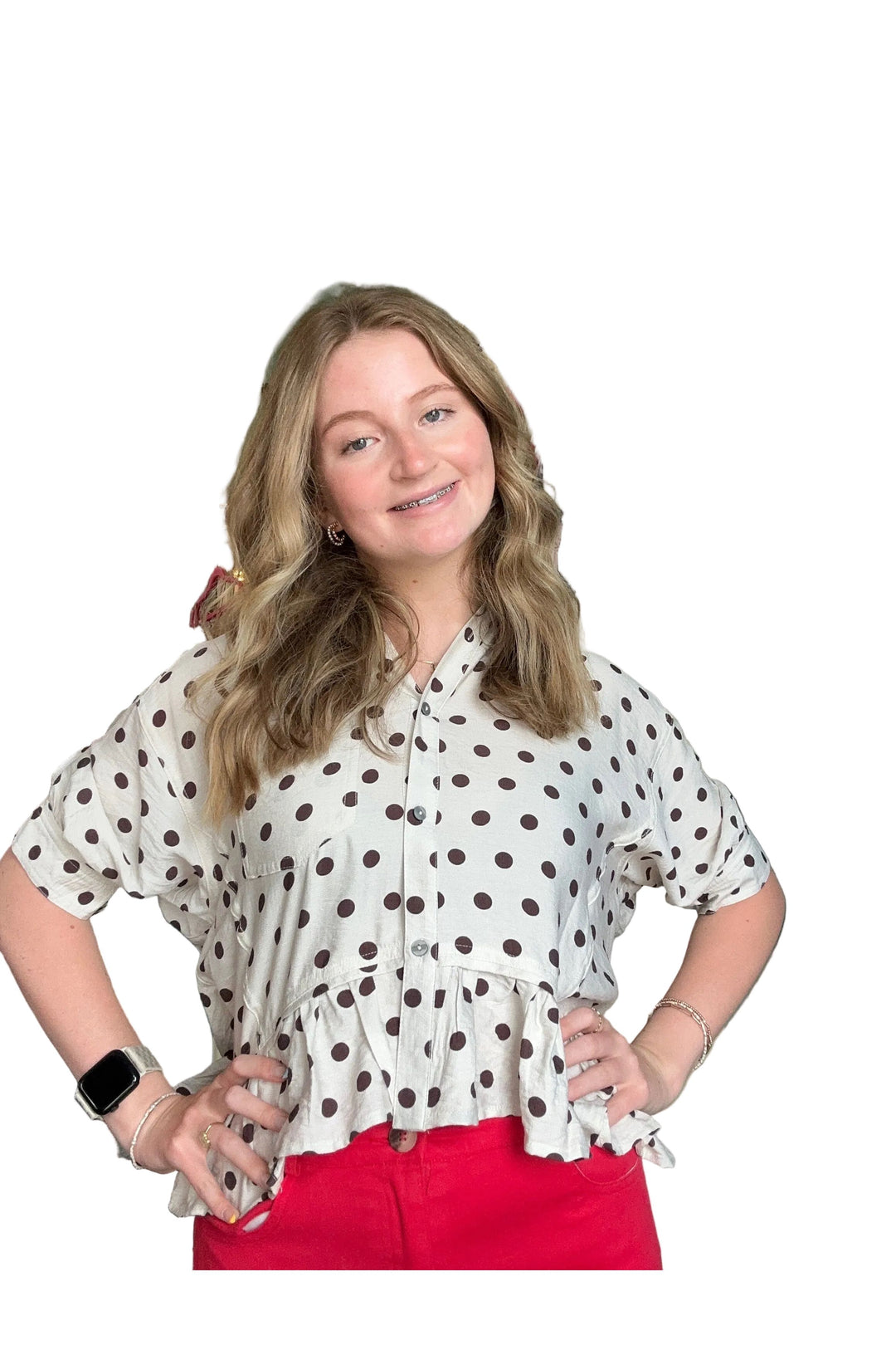 Entro Cream Polka Dot Ruffle Hem Button Down Top - Vintage Dragonfly Boutique