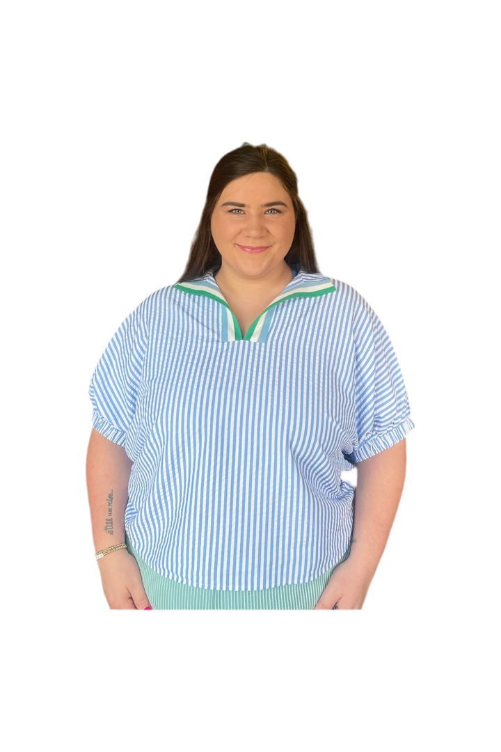 Entro Blue Split Neck Elastic Sleeve Top