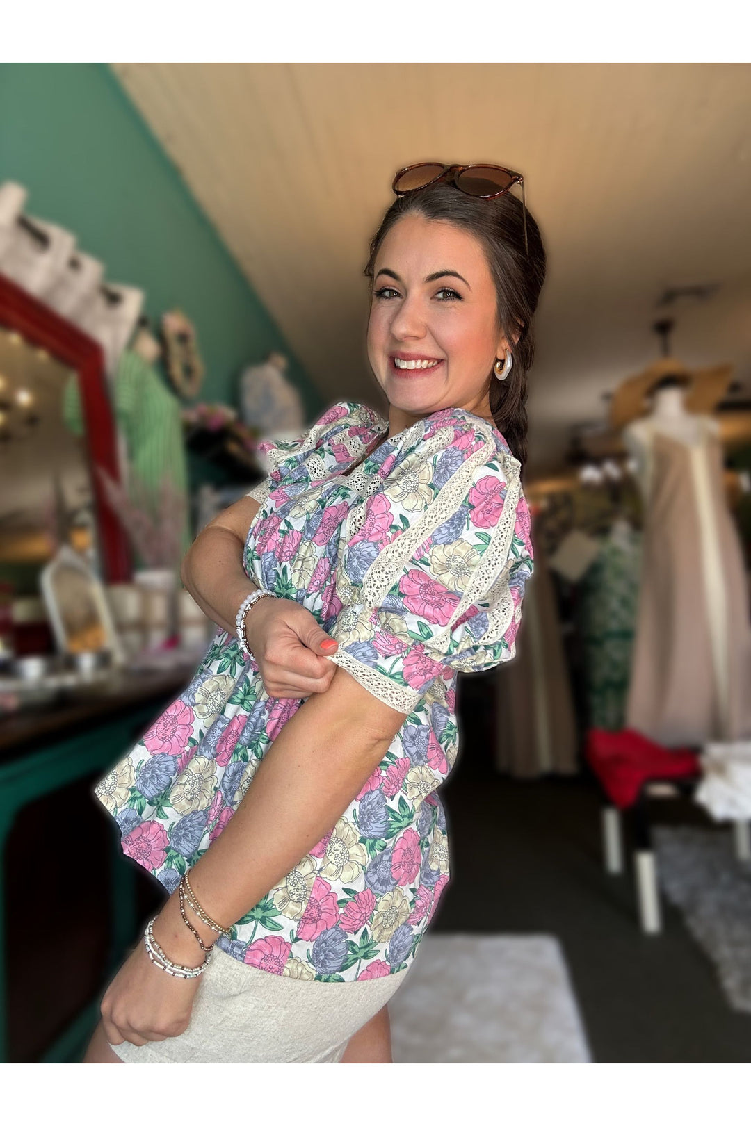 Cream Mix Floral Short Puff Sleeve Top - Vintage Dragonfly Boutique