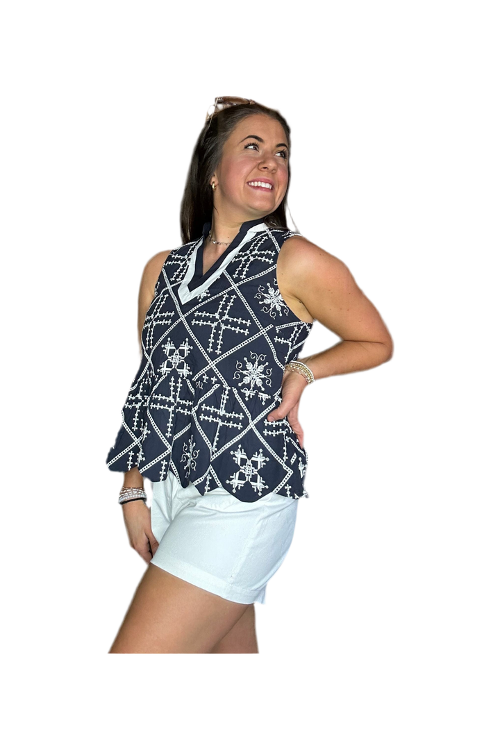 Navy Abstract Pattern Peplum Top