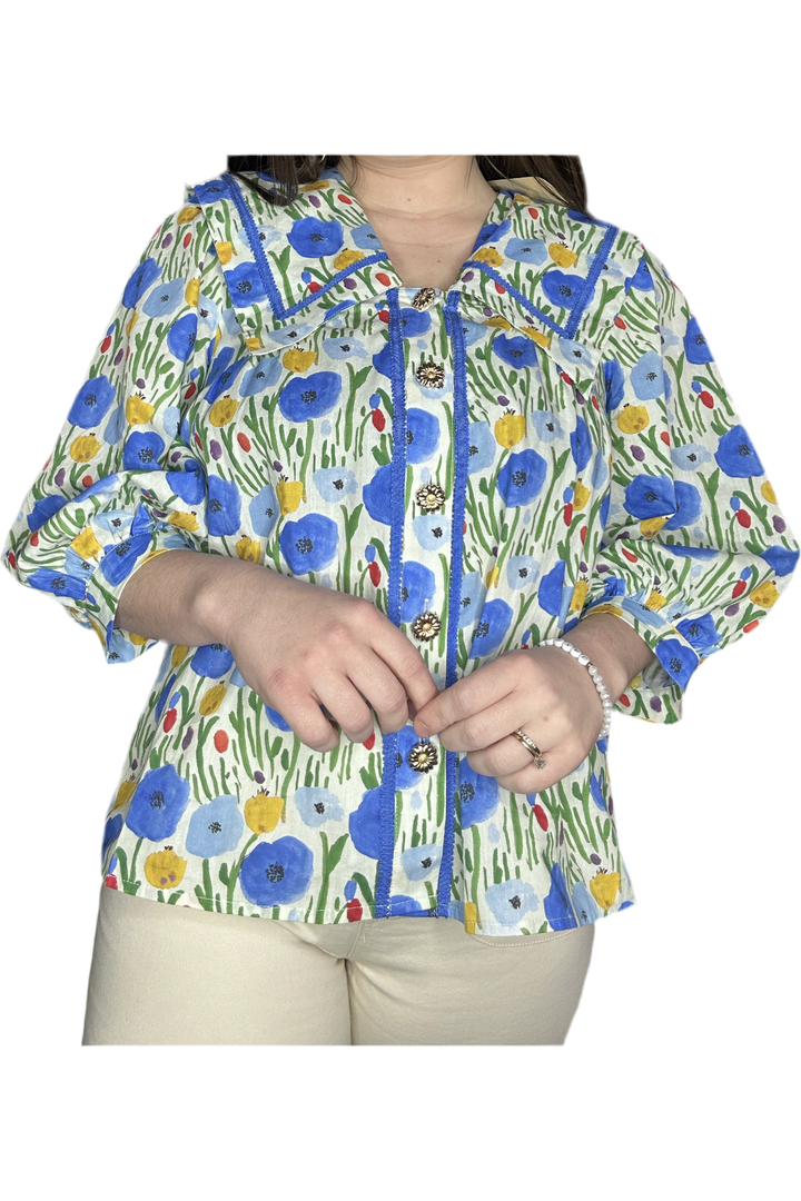 Entro Blue Floral Pattern Button Up Top - Vintage Dragonfly Boutique