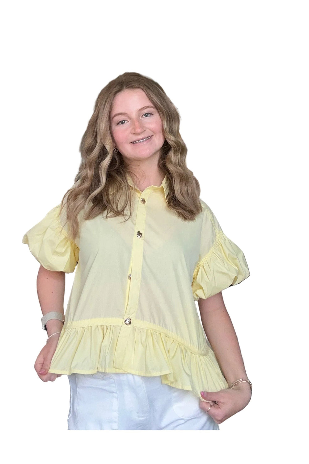 Entro Yellow Peplum Button Front Top – Lightweight Collared Blouse for Women - Vintage Dragonfly Boutique