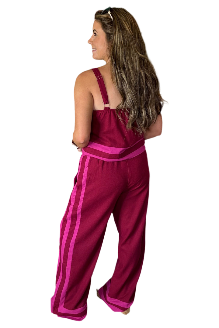 Maroon and Rose Accent Sleeveless Top and Wide Leg High Waist Bottoms Set - Vintage Dragonfly Boutique