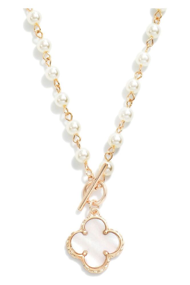 Pearl Necklace with Mother of Pearl Clover Pendant set in Gold - Vintage Dragonfly Boutique