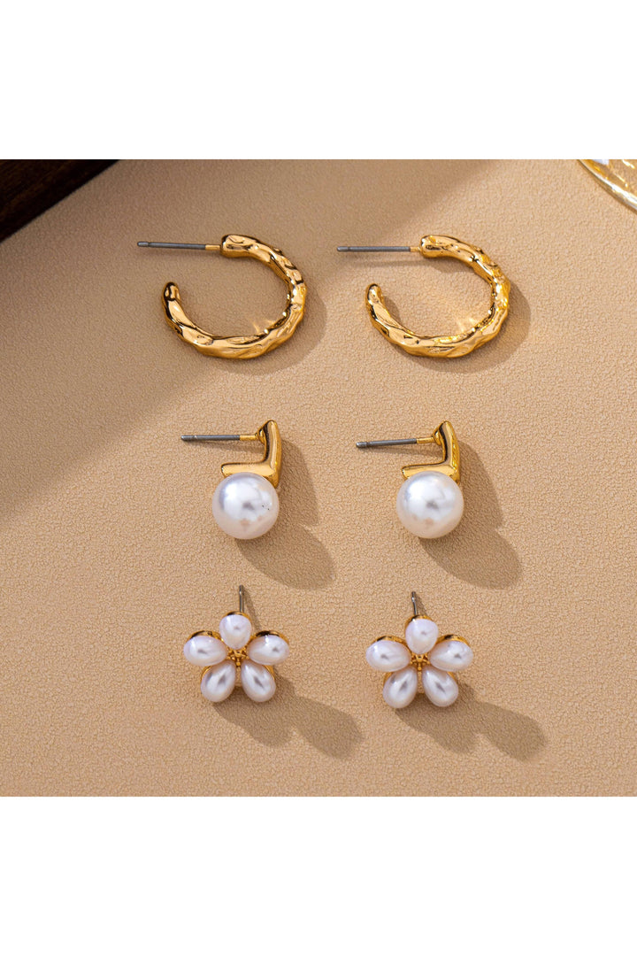 JOSSLYN by wall to wall - Pearl &amp; Floral Gold Textured Earring Set | 80E63276: GOLD - Vintage Dragonfly Boutique