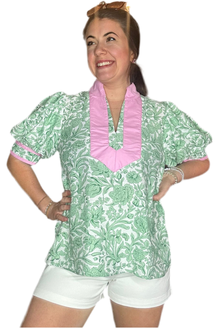 Entro Floral Print Short Puff Sleeve Top - Vintage Dragonfly Boutique