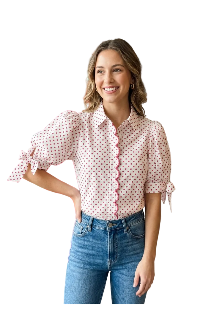 Entro Polka Dot Scallop Trim Blouse – Hot Pink &amp; Black Puff Sleeve Tie Waist Top - Vintage Dragonfly Boutique