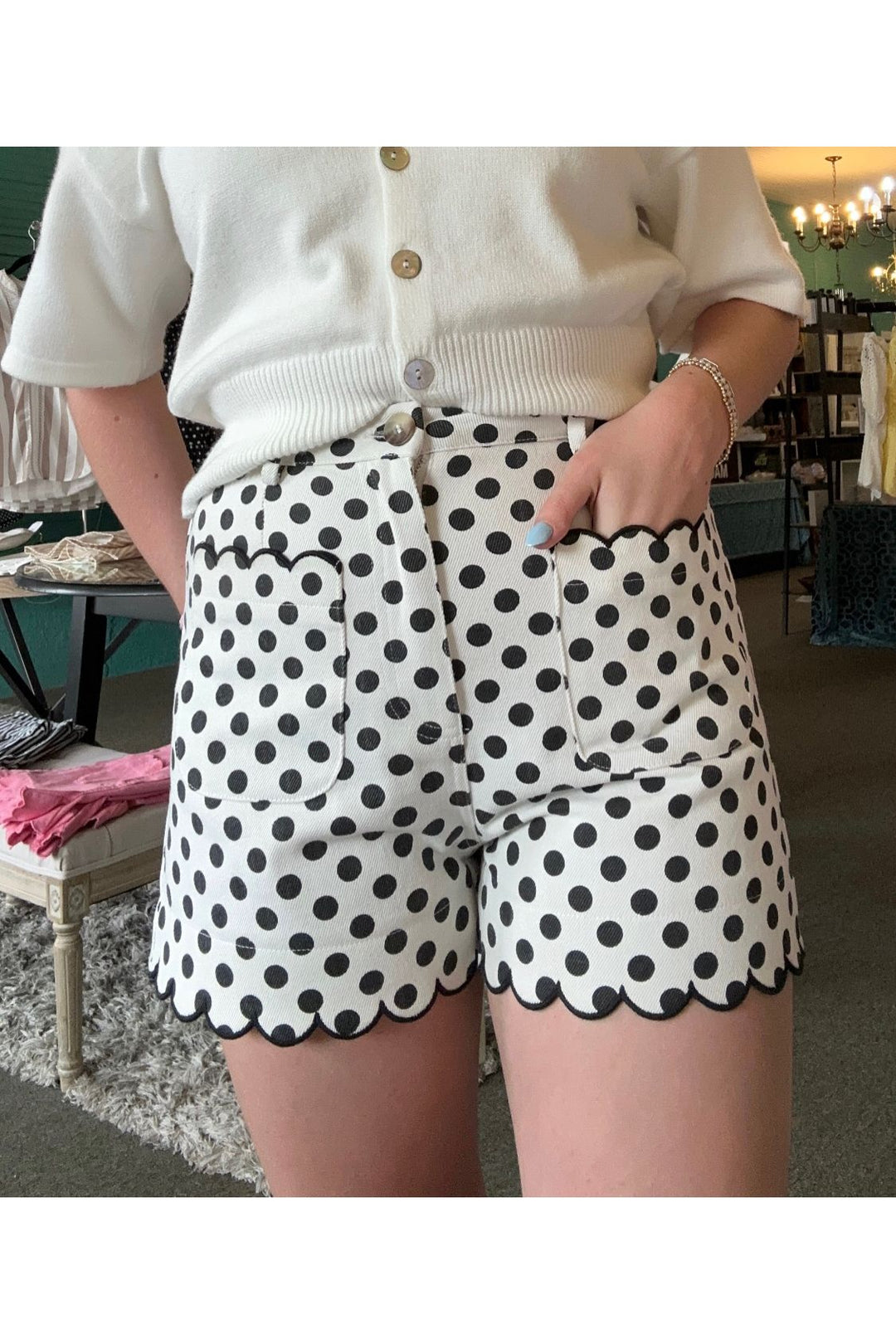 Entro Off White Polka Dot Scalloped Shorts | Chic Boutique Shorts for Women - Vintage Dragonfly Boutique