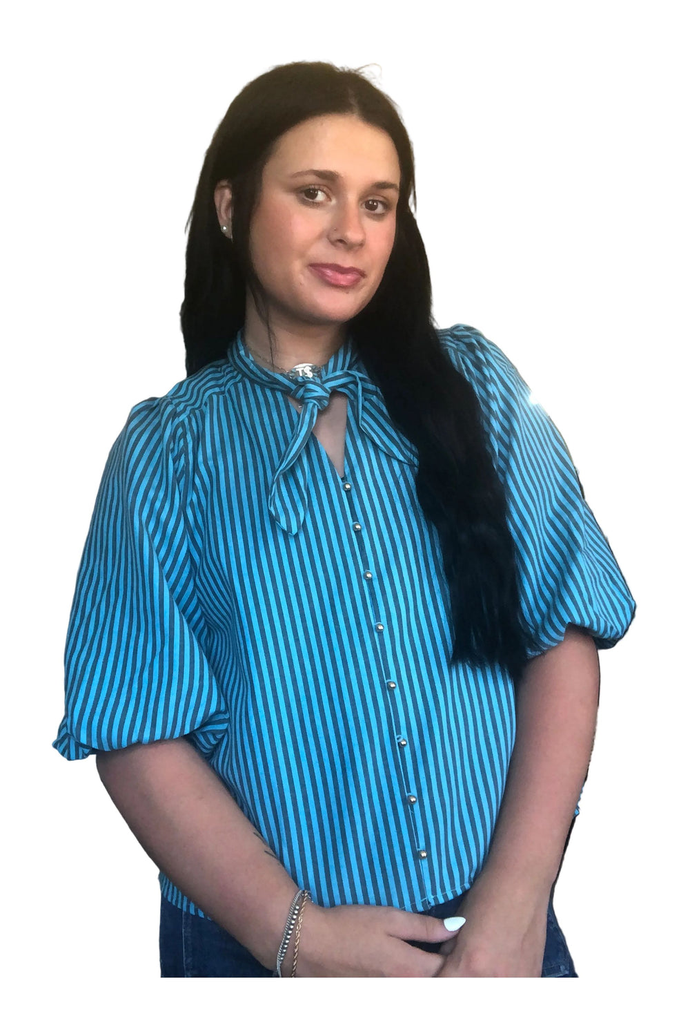 Entro Teal Striped Tie Neck Button Front Top - Vintage Dragonfly Boutique
