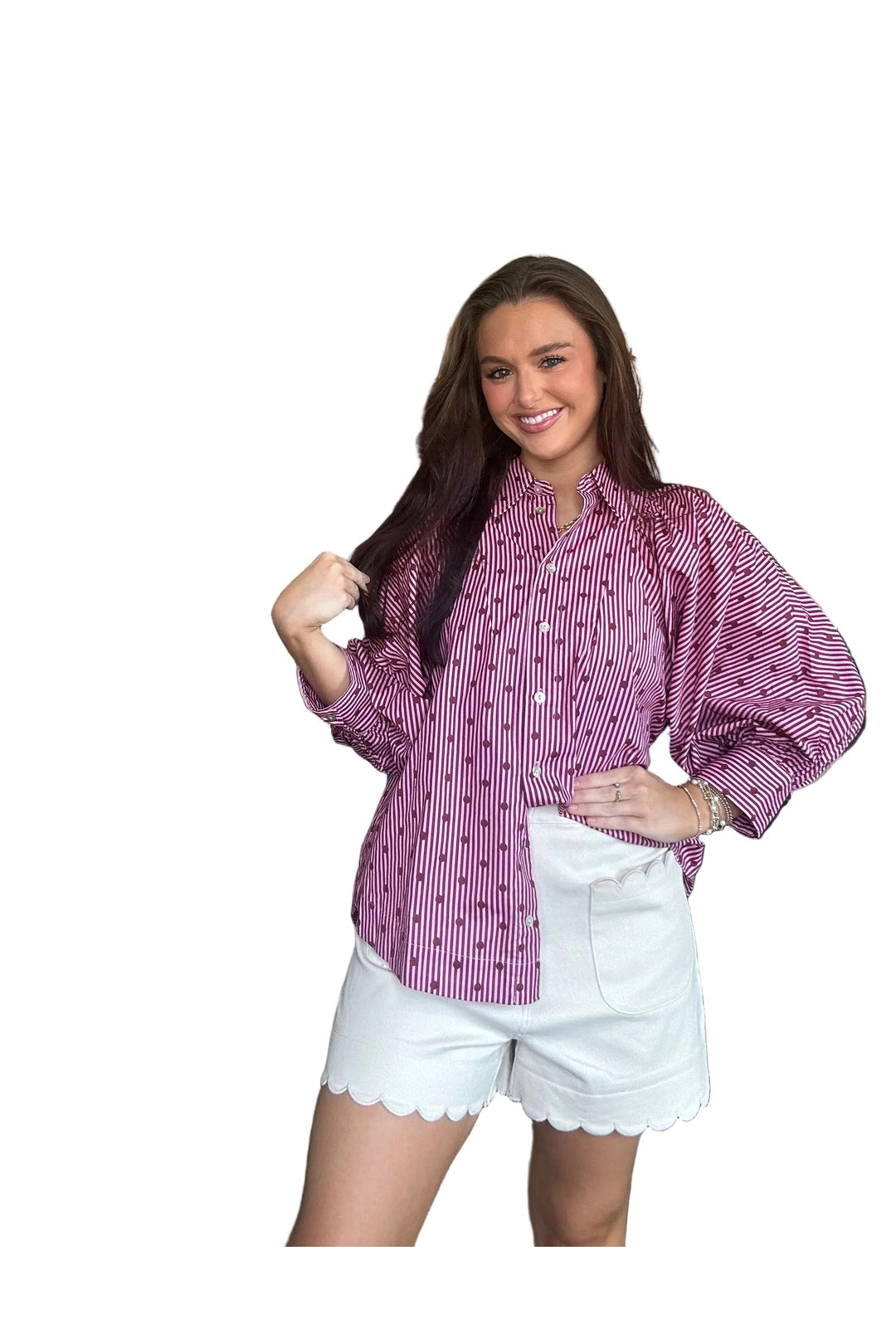 Entro Pink Striped Button Front Blouse with Puff Sleeves - Vintage Dragonfly Boutique