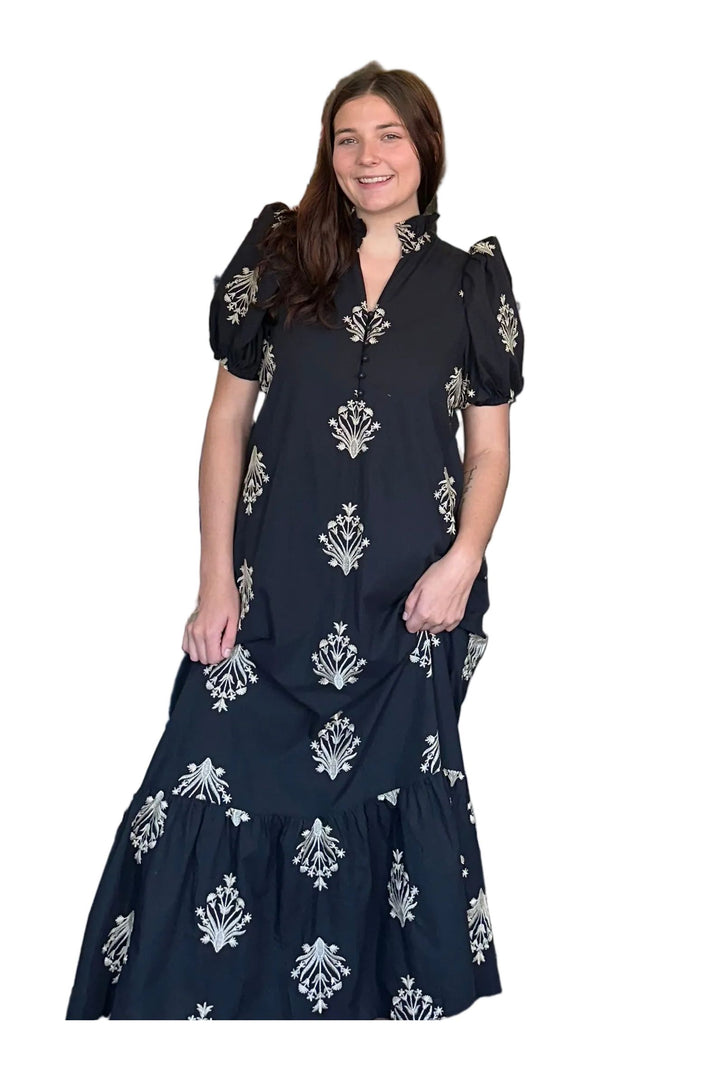 Entro Black Embroidered Puff Sleeve Maxi Dress