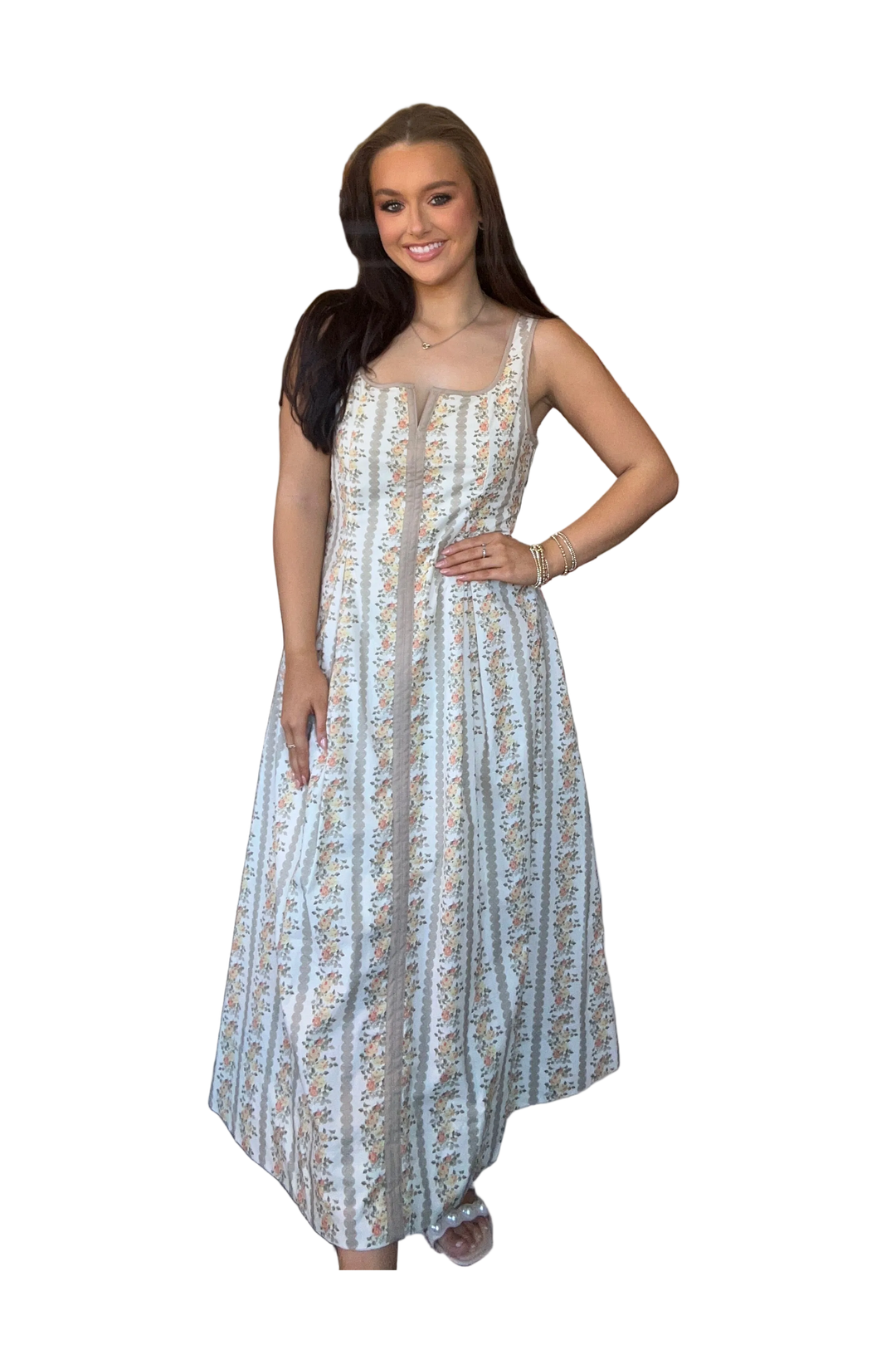 Floral Stripe Sleeveless Midi Dress with Ribbon  Detail - Vintage Dragonfly Boutique